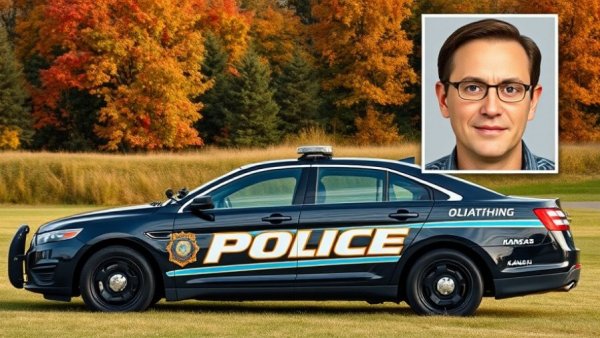 Olathe, Kansas police SUV in autumn park setting.