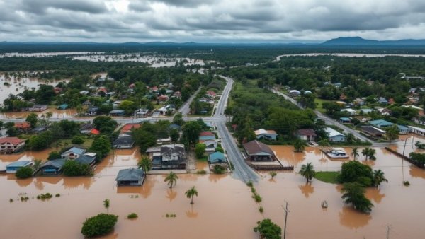 Aerial view of Hawaii flooding events with submerged roads and houses.
