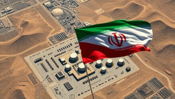 Satellite view and flag at Iran Natanz nuclear facility airstrike.