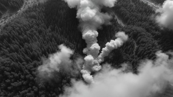 Aerial military footage showing explosion in forested area, smoke rising.