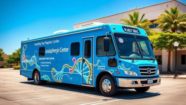 Mobile leukapheresis center Texas bus in hospital parking lot