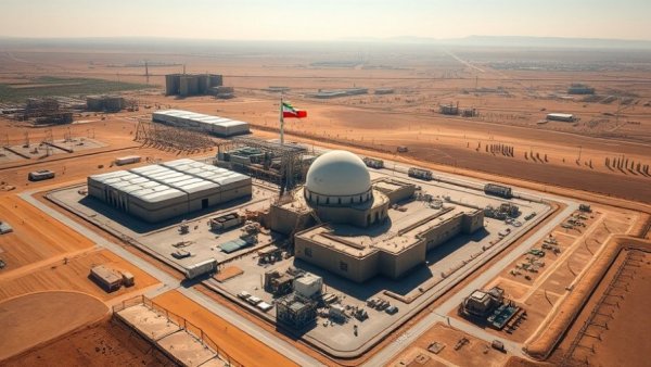 Natanz nuclear facility with Iranian flag, aerial and ground view