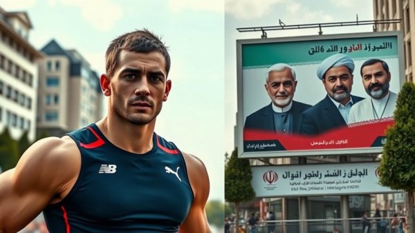 Iranian athlete next to Tehran billboard of leaders, public executions context.