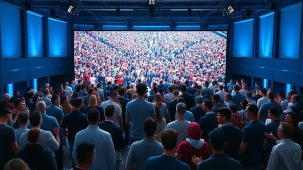 Modern studio setup with a large screen showing a crowd scene.
