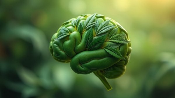 Artistic brain made of cannabis leaves, mental health symbol.