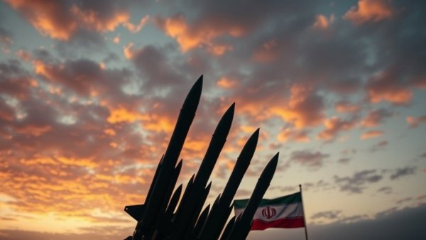 Iran missile attack Diego Garcia concept with missiles and flag.