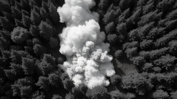Aerial view of explosion in forest, military surveillance footage.