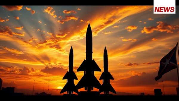 News in the US: Missiles silhouetted against flag and sunset sky.