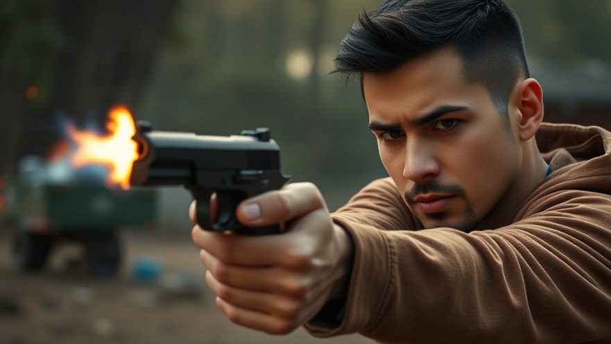 Young Hispanic man firing pistol with flames, highlighting San Antonio crime news.