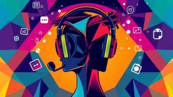 Colorful broadcast-themed illustration with media icons and head silhouette.