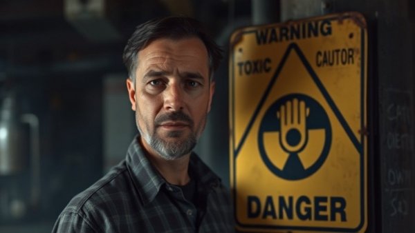 Concerned man and toxic warning graphic highlight danger.