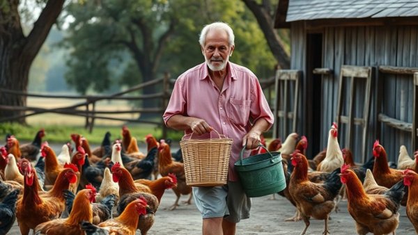Man in garden with chickens, carrying basket and bucket