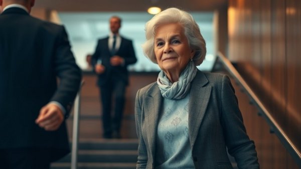Older woman confidently descending stairs in a professional setting.