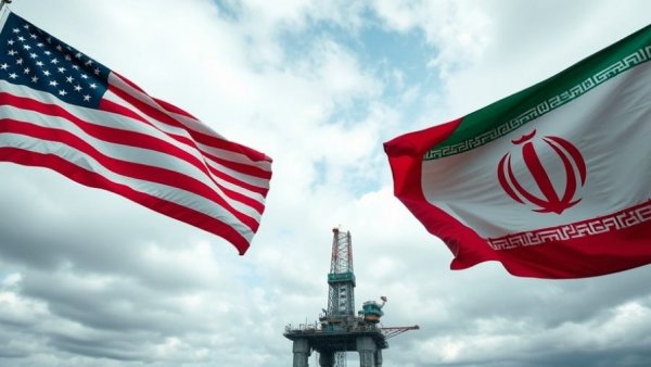 Trump energy dominance amid Iran conflict concept image with flags and oil rig.
