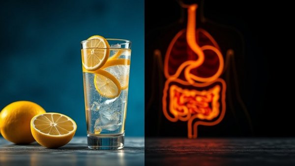 Glass of lemon water next to a glowing digestive system, healthy aging tips image.