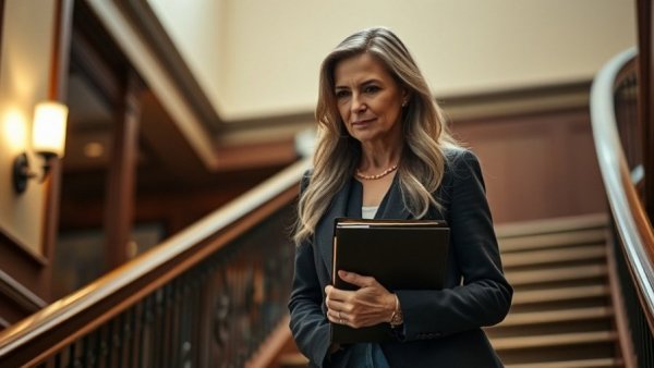 Caucasian woman descending staircase in formal setting.