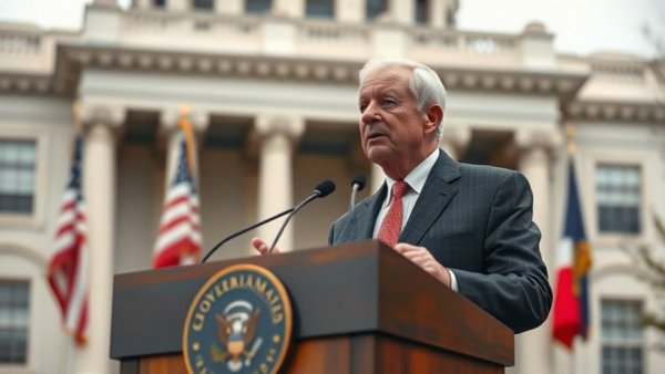 Robert Mueller speaking at a podium with flags in the background.