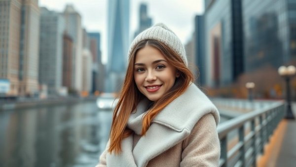 Young woman in city setting, smiling near river with skyline.