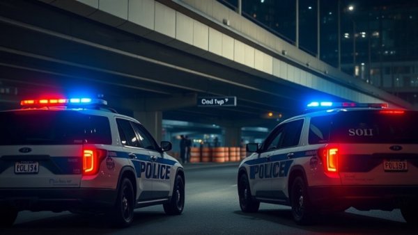 San Antonio police vehicles under overpass at night after motorcycle accident.