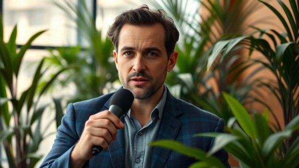 Man discussing healthy aging nutrition in a lush indoor setting.
