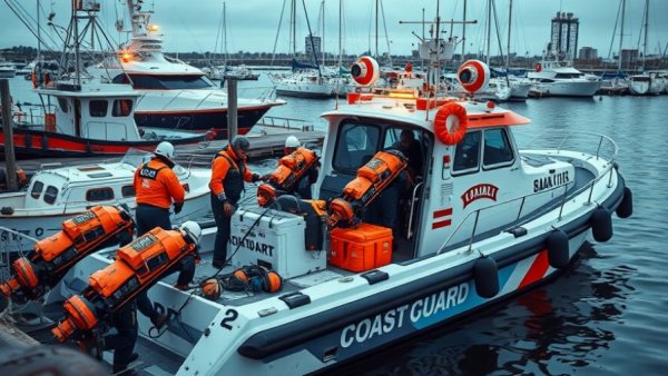 Coast guard on patrol boat during search operation at dockside