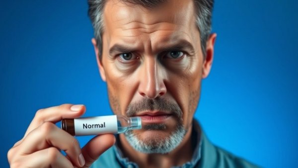Serious mature man holding a test vial labeled 'Results: Normal'.