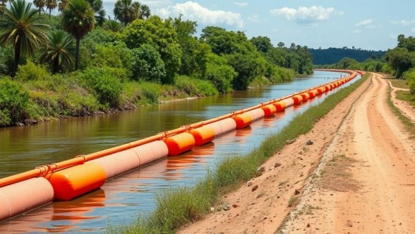 Orange floating barriers on the Rio Grande with vegetation and dirt path.