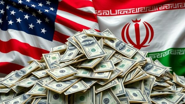 Stack of dollar bills in front of USA and Iran flags.