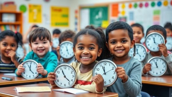 Diverse students learning about time in a classroom; Texas school vouchers context.