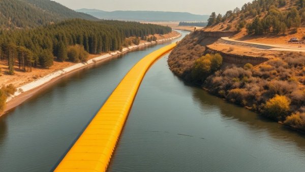 Texas border security floating barriers on a river under a clear sky.