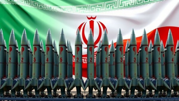 Iran's missile capabilities showcase with national flag backdrop.