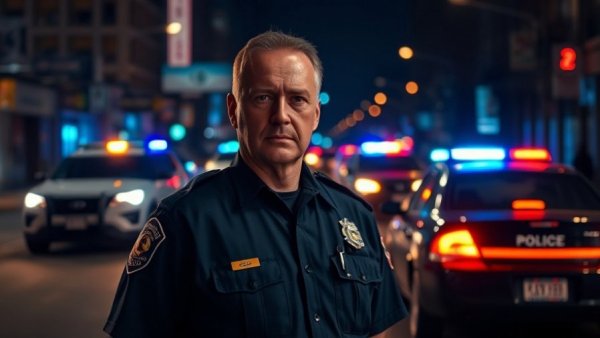 Austin crime news scene with officer at dusk, police presence.