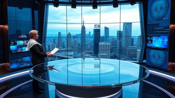 News anchor in studio reports on 20B Terafab chip plant in Austin.