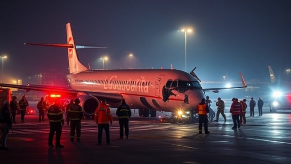 Runway collision at LaGuardia involving damaged aircraft and emergency response.