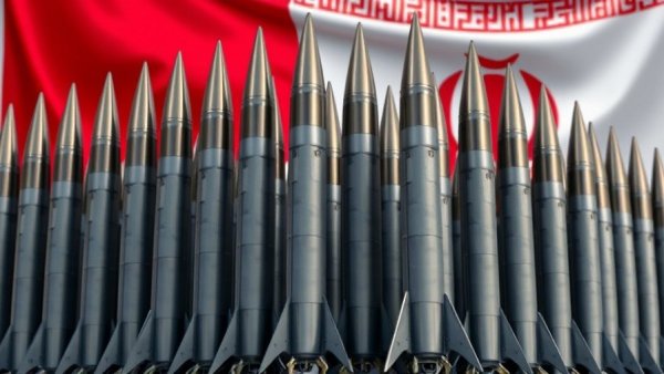 Array of warheads with Iranian flag backdrop highlighting missile capabilities.