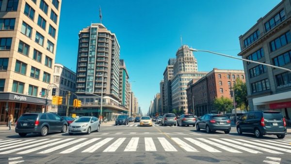 Dallas news urban street intersection with vibrant crosswalk and cars.
