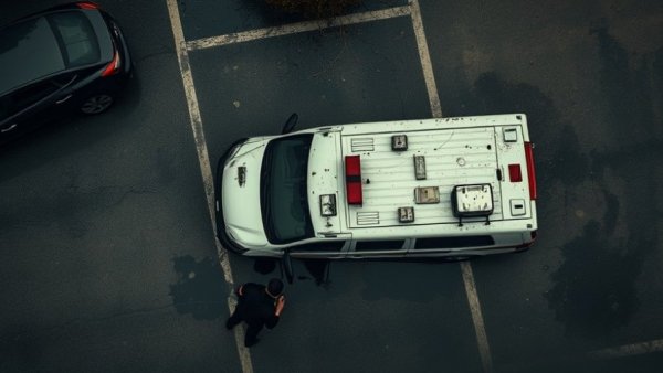 Overhead view of damaged ambulance and charred vehicles in urban parking lot.