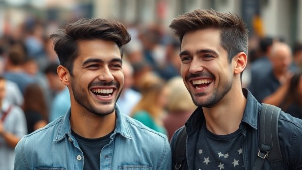 Joyful interaction of two men outdoors in casual attire.