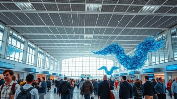 Busy airport terminal at Bush Airport reflecting TSA changes.