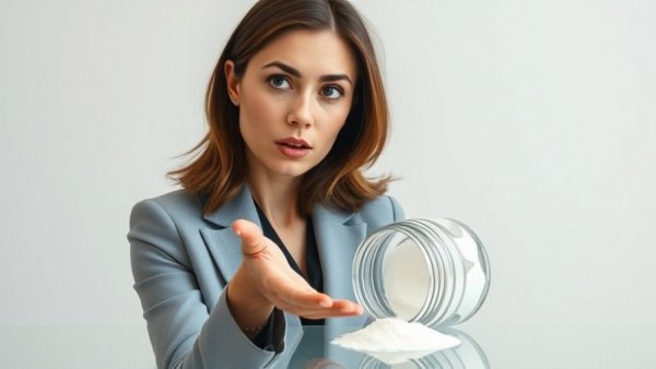 Professional woman discusses titanium dioxide safety with jar of powder.