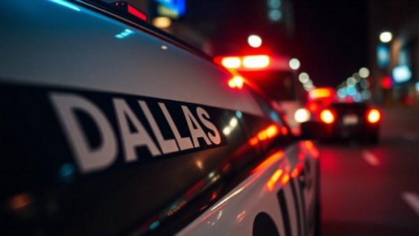 Dallas police car at night, emergency lights reflecting, dallas news shooting.