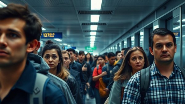 Travelers waiting in line due to airport security delays in a crowded terminal.