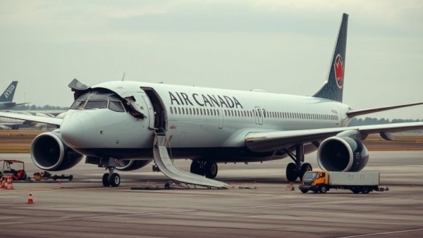 Air Canada plane damaged on runway after collision at LaGuardia Airport.