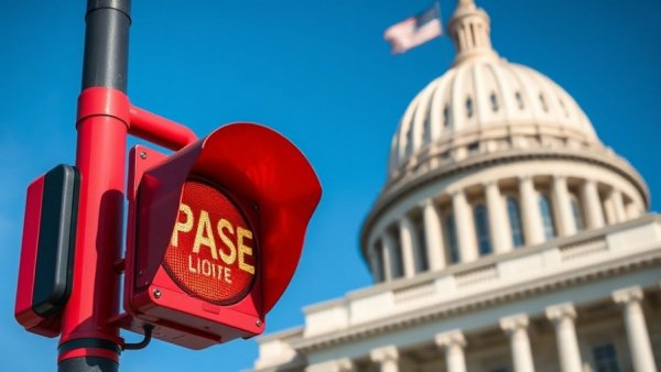 Political traffic signals for Iran funding concept with red light and government building.