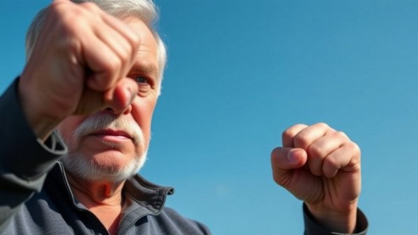 Stoic older man raising fist, symbolizing strength and resolve.