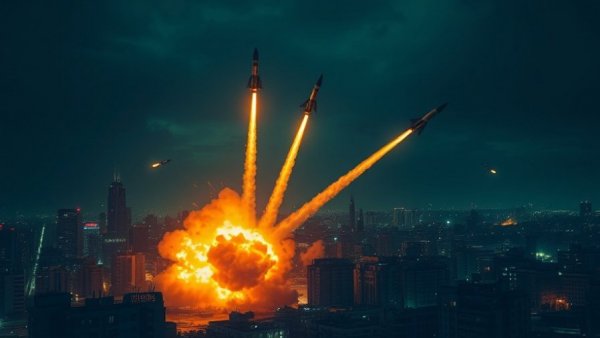 Iran missile capability shift illustrated through night-time missile launch scene.