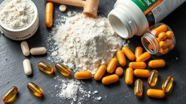 Creatine powder and capsules on a dark surface, showcasing health benefits of creatine for women.