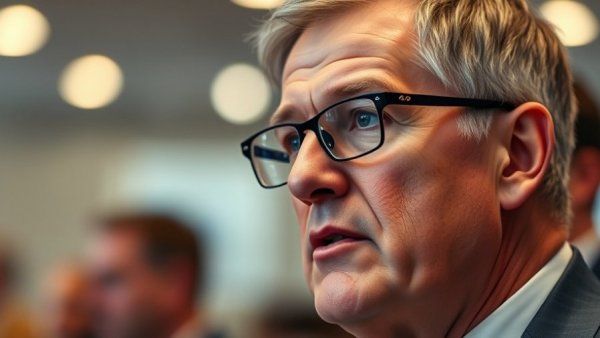 Mature man discussing DHS funding and ICE reforms indoors with blurred background.