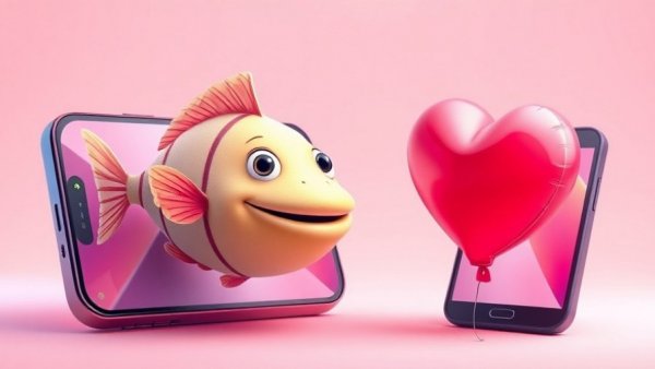 Playful puffer fish dating art with phones and heart balloon.