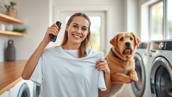 Cheerful woman doing laundry in bright room, modern washer visible.
